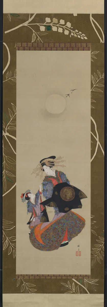 Beauty of the Yoshiwara with Apprentice in Moonlight by Teisai Hokuba (蹄斎北馬), painting, 1800-1899