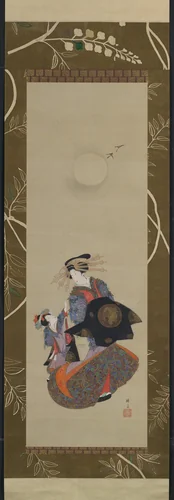 Beauty of the Yoshiwara with Apprentice in Moonlight by Teisai Hokuba (蹄斎北馬), painting, 1800-1899
