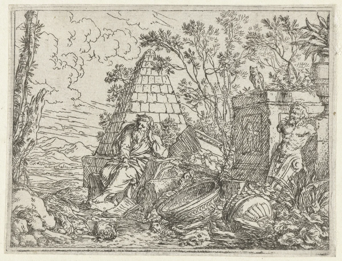 Democritus mediterend by Jonas Umbach, print, 1634-1693