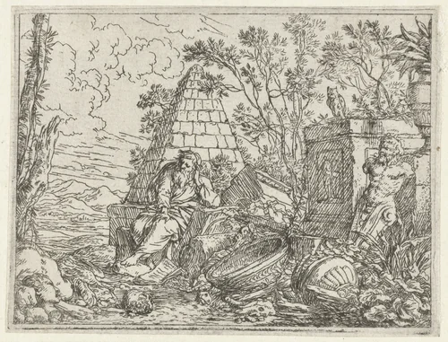 Democritus mediterend by Jonas Umbach, print, 1634-1693