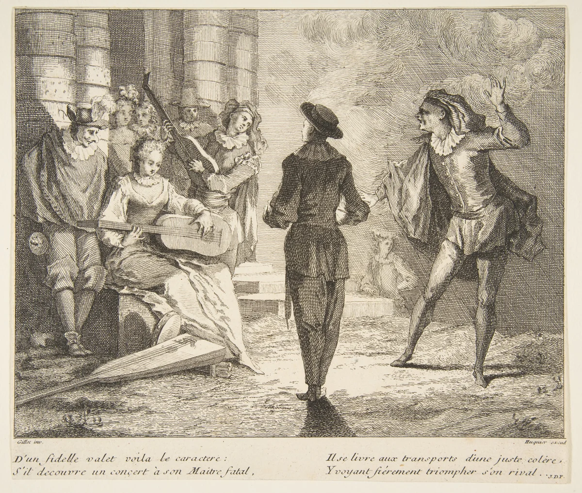 Isabelle Plays Guitar for Pierrot and Scaramouche by Claude Gillot, print, 1685-1722