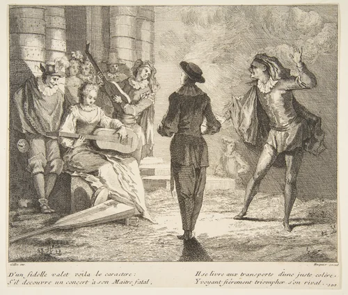 Isabelle Plays Guitar for Pierrot and Scaramouche by Claude Gillot, print, 1685-1722