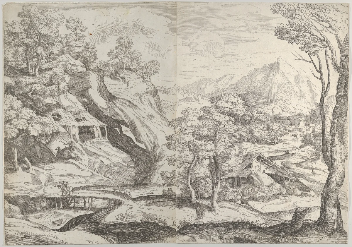 Landscape with a town in the background at the right, a winding road in the foreground by anonymous, print, 1580-1600