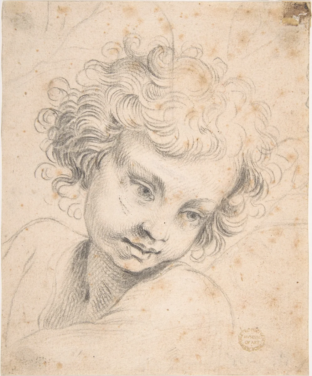 Head of a Child, copy of engraving by Luca Ciamberlano by anonymous, drawing, 1600-1700