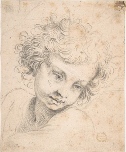 Head of a Child, copy of engraving by Luca Ciamberlano by anonymous, drawing, 1600-1700
