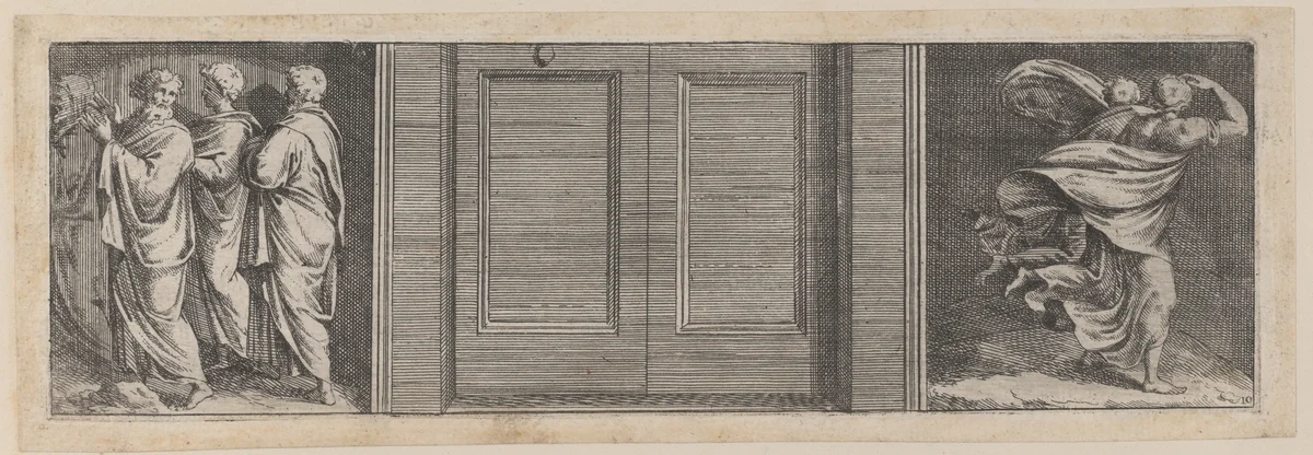 Plate 10: Three figures at left and two figures running at right, after a lost fresco in the basamento of Bay 9 in the Vatican Loggia by Pietro Santi Bartoli, print, 1650-1677