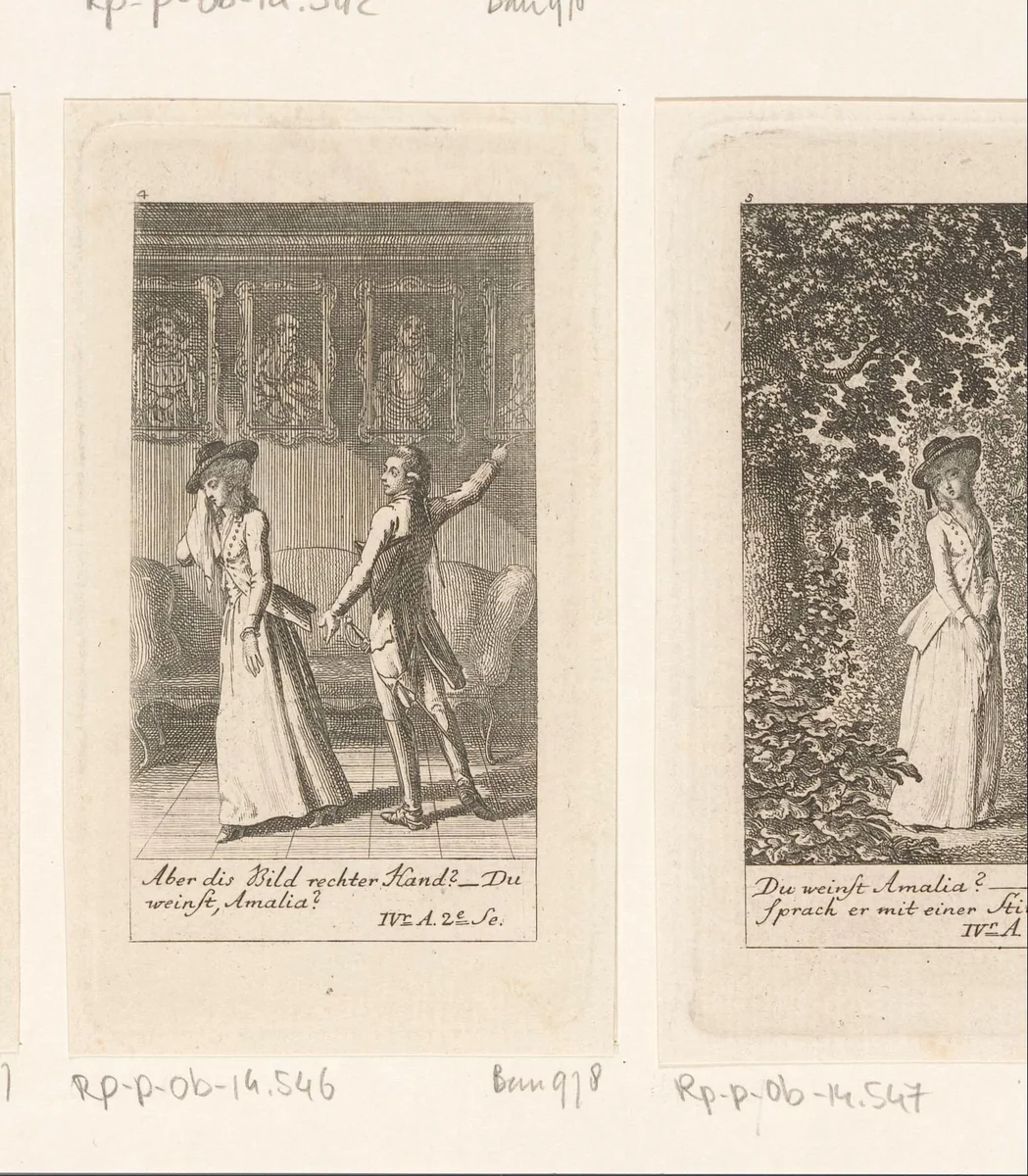 Karl en Amalia in de portrettengalerij by Daniel Nikolaus Chodowiecki, print, 1782