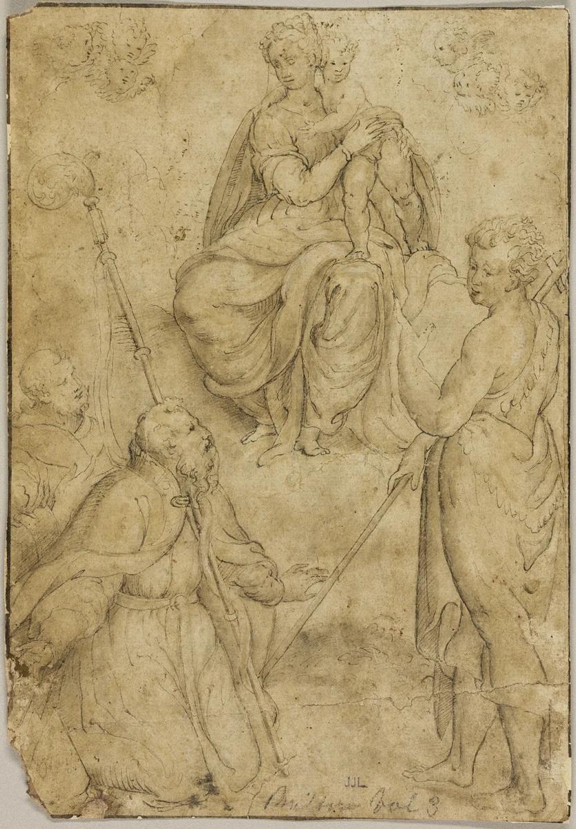 Seated Virgin and Child with Bishop Saint and Monastic Saint, and Saint John the Baptist by Bernardino Campi, drawing, 1541-1591