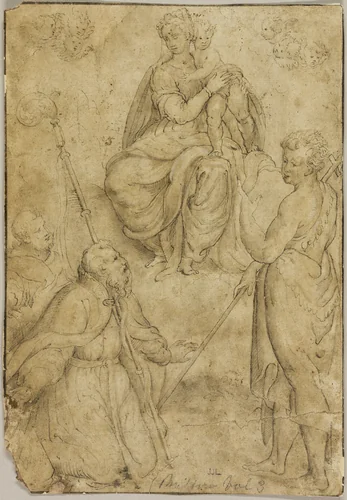Seated Virgin and Child with Bishop Saint and Monastic Saint, and Saint John the Baptist by Bernardino Campi, drawing, 1541-1591