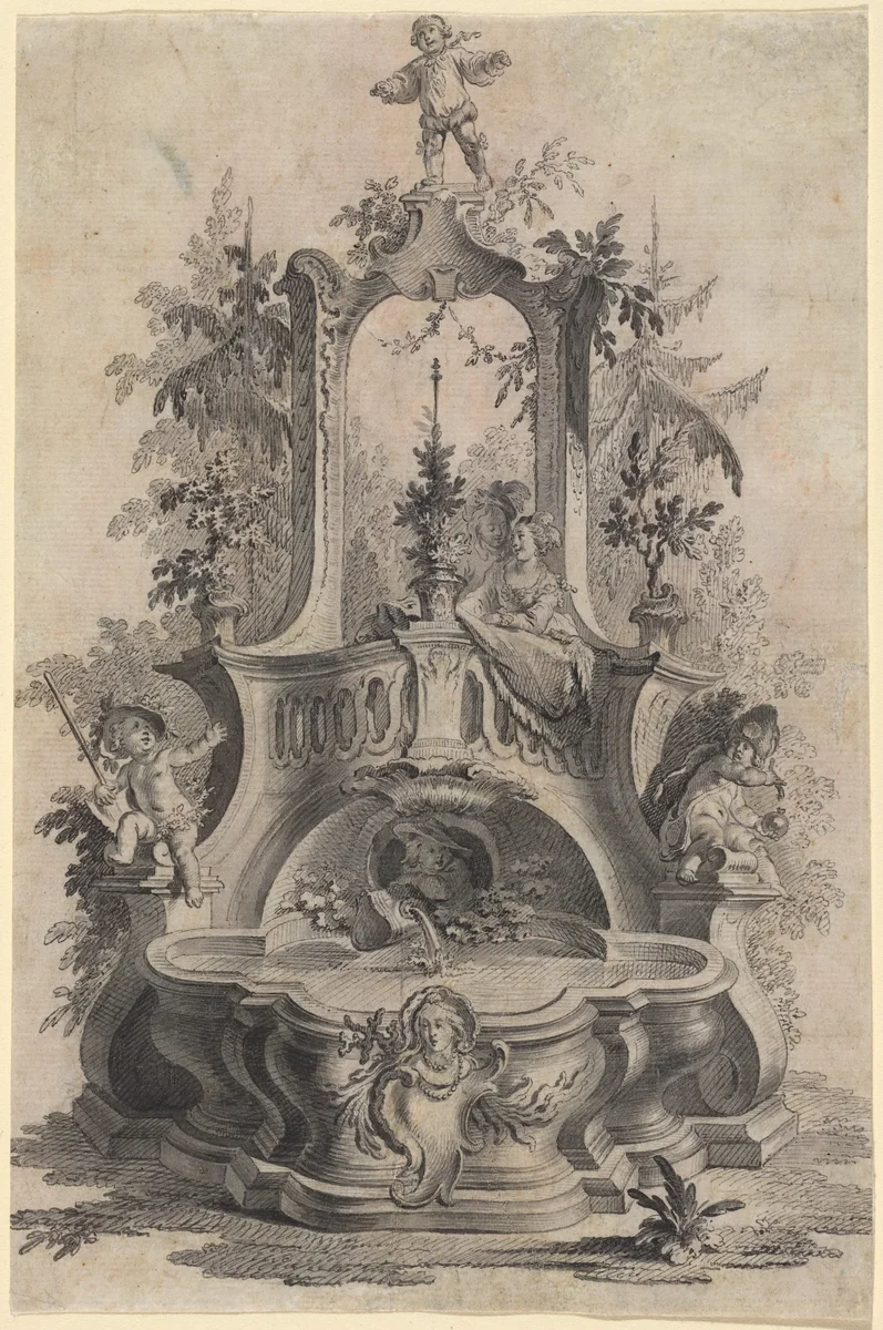 Rococo Fountain with Lovers and the Four Elements by Johann Esaias Nilson, drawing, 1721-1788
