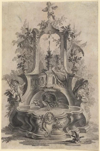 Rococo Fountain with Lovers and the Four Elements by Johann Esaias Nilson, drawing, 1721-1788