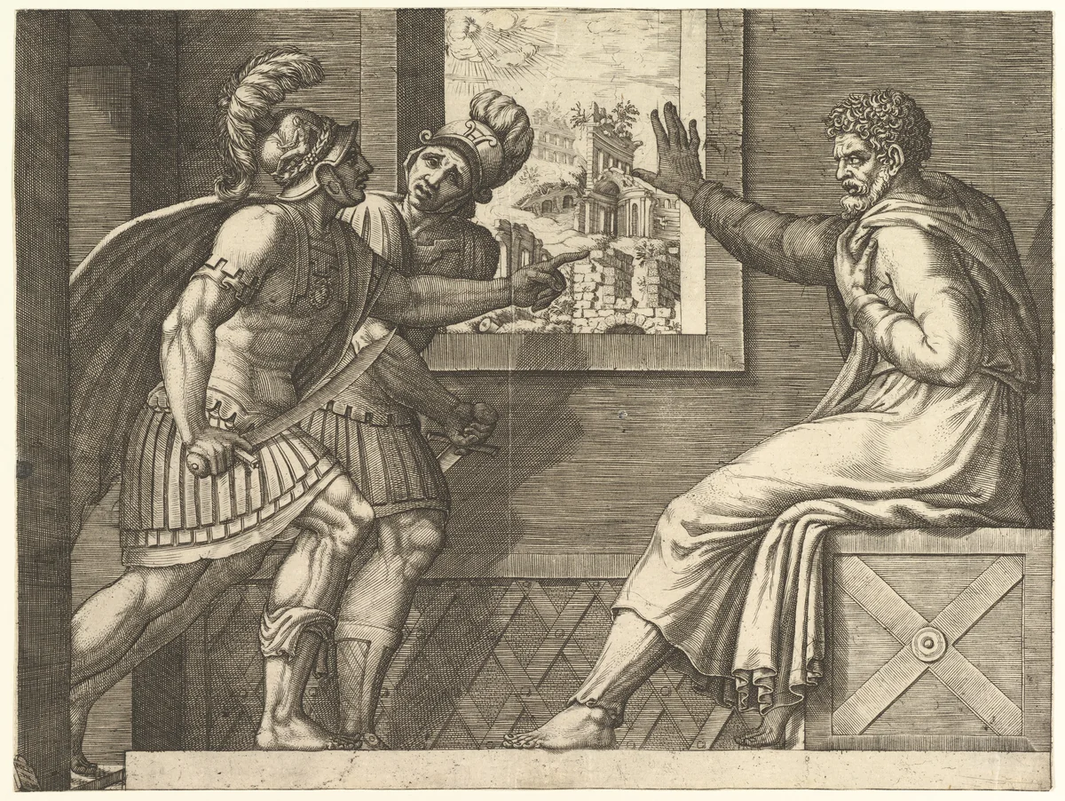 Caius Marius in Prison, two Cimbrian soldiers entering his cell by Giorgio Ghisi, print, 1560-1569
