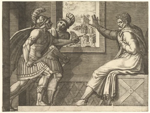 Caius Marius in Prison, two Cimbrian soldiers entering his cell by Giorgio Ghisi, print, 1560-1569