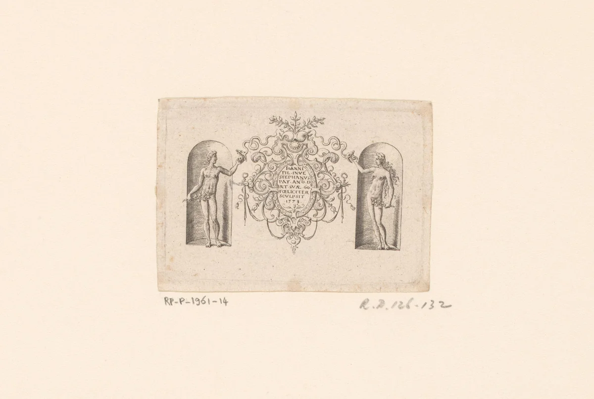 Titelprent met ornamentele cartouche en Adam en Eva in twee nissen by Unknown, print, 1578