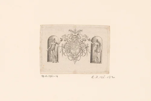 Titelprent met ornamentele cartouche en Adam en Eva in twee nissen by Unknown, print, 1578