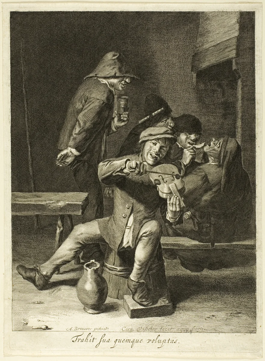 Hearing (De Fiool Speelder) by Cornelis Visscher, print, 1651-1658