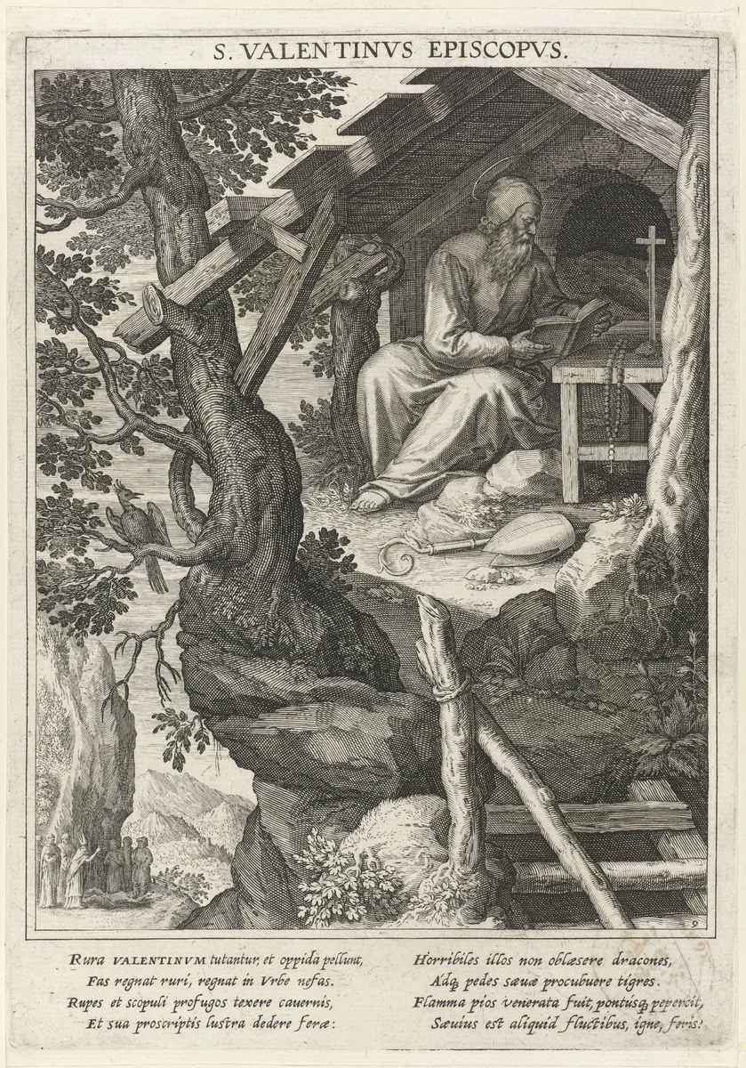 Heilige Valentinus als kluizenaar in een hut by Raphaël Sadeler, print, 1615