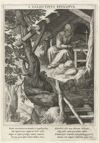 Heilige Valentinus als kluizenaar in een hut by Raphaël Sadeler, print, 1615