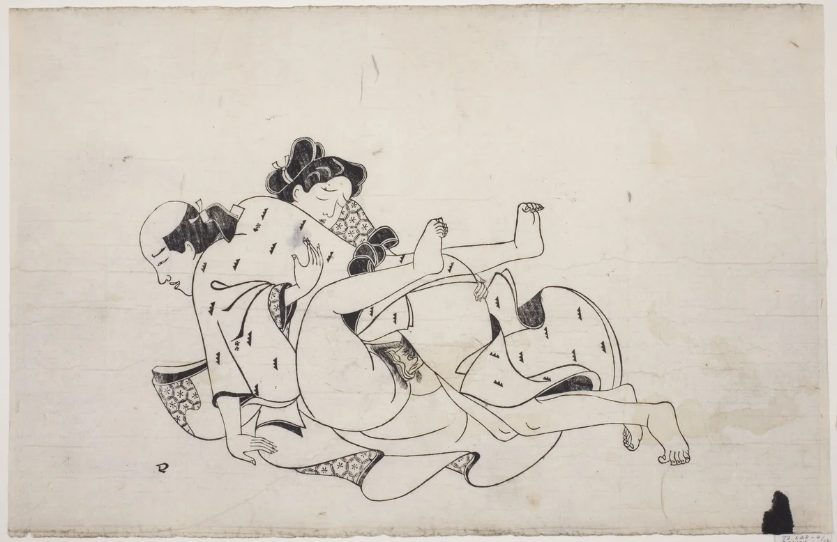 A sheet from a shunga album by Japanese, artwork, 1679