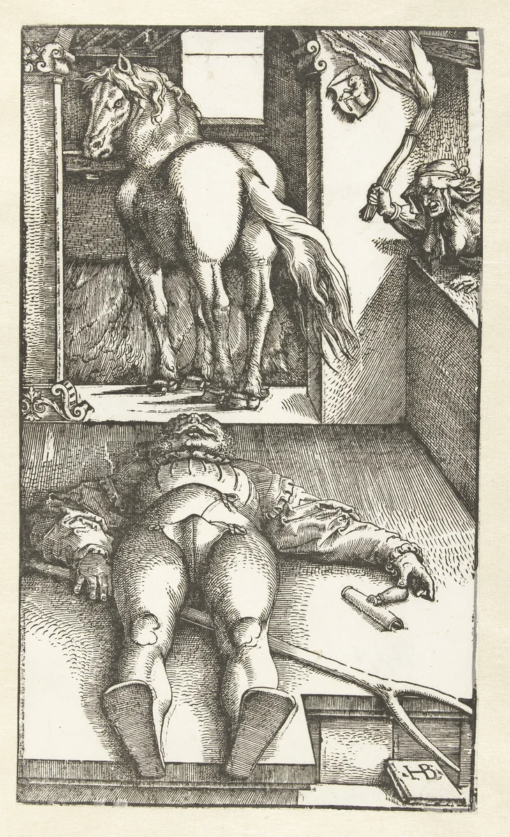 Slapende stalknecht met heks en paard by Unknown, print, 1532-1536
