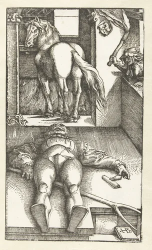 Slapende stalknecht met heks en paard by Unknown, print, 1532-1536