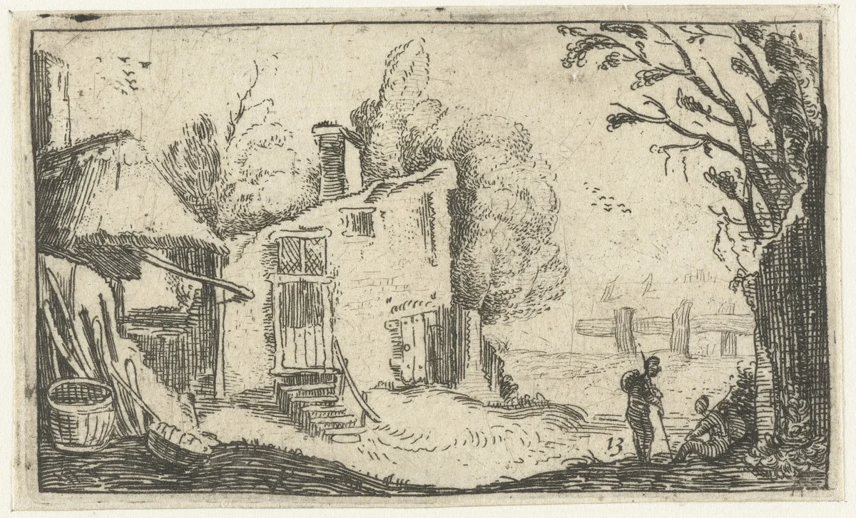 Boerenerf met een open schuur by anonymous, print, 1600-1699