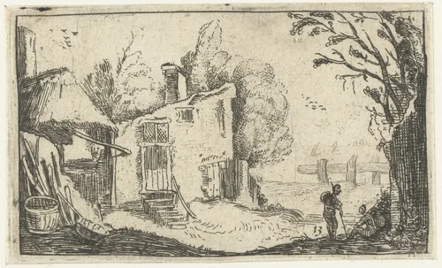 Boerenerf met een open schuur by anonymous, print, 1600-1699