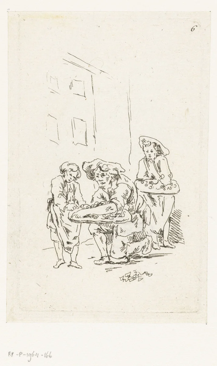 Twee straatverkopers by François Boucher, print, 1727-1755