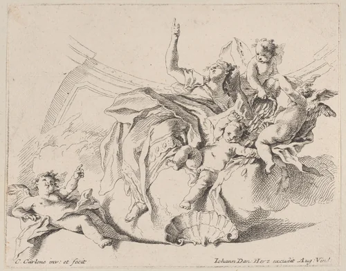 Wealth, represented by a woman seated on clouds and surrounded by putti, one of whom is pouring coins by Carlo Innocenzo Carloni, print, 1725-1775
