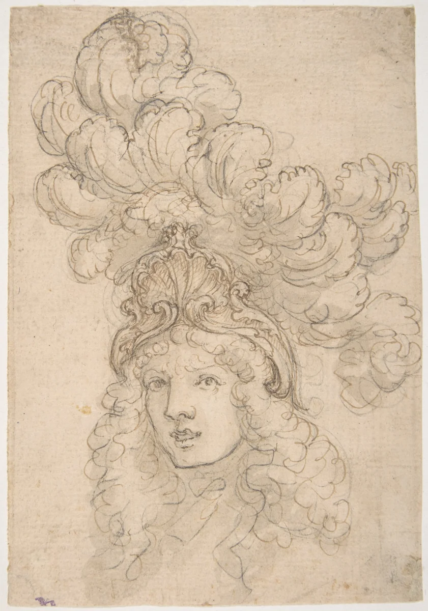 View in 3/4 of a Design for a Headpiece Decorated with a Shell and Large Plume by Giovanni Battista Foggini, drawing, 1652-1725