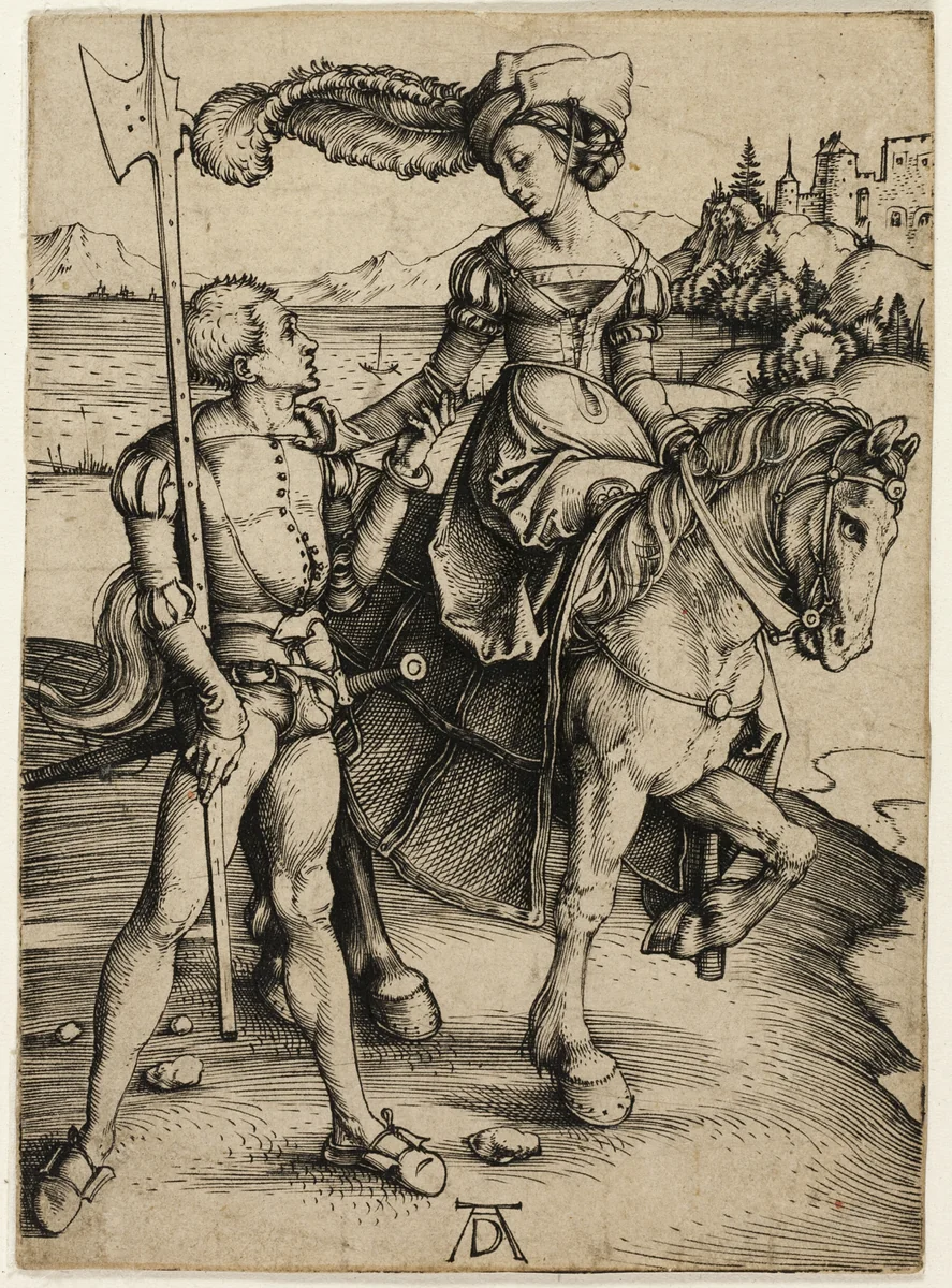 Lady on Horseback and Landsknecht by Albrecht Dürer, print, 1492-1502