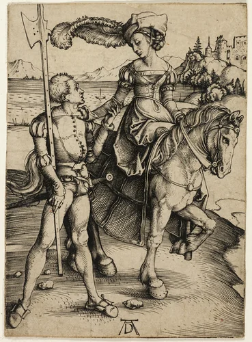 Lady on Horseback and Landsknecht by Albrecht Dürer, print, 1492-1502