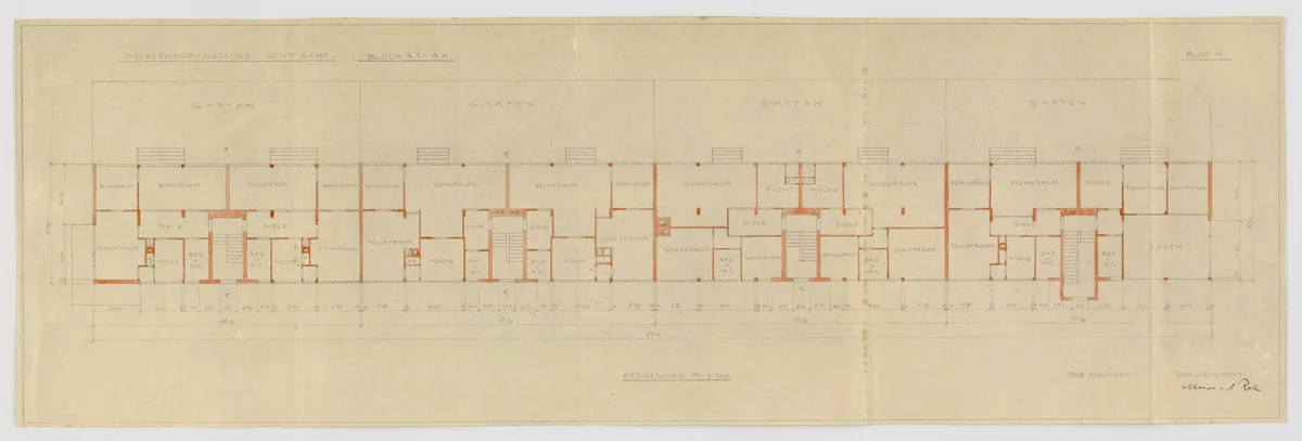 Weissenhof Apartment House, "The Dwelling" Exhibition, Stuttgart, Germany (Plan, block A1-A4, ground floor.) by Ludwig Mies van der Rohe, mies van der rohe archive, 1926