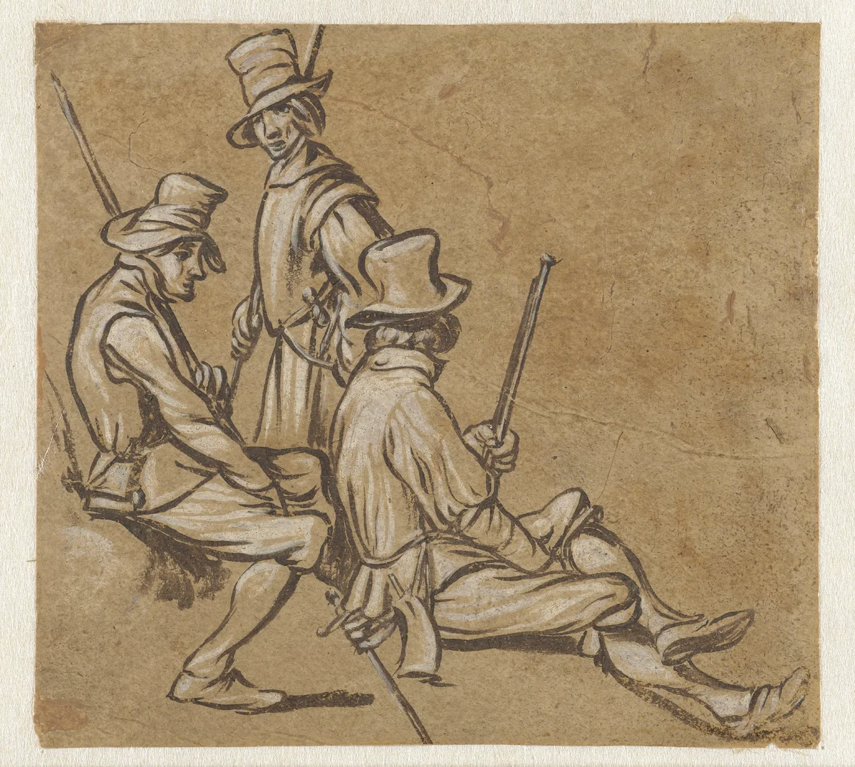 Groep van drie soldaten by Jan van de Velde, drawing, 1603-1641