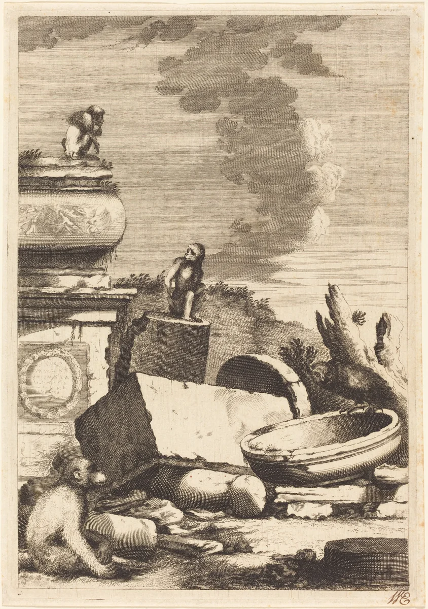 Ruins with Monkeys and an Owl by Bernhard Zaech; Jonas Umbach, print, 1570-1710