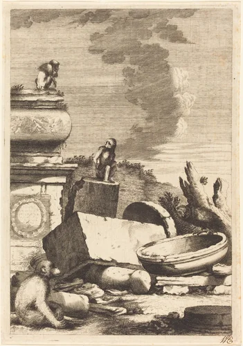 Ruins with Monkeys and an Owl by Bernhard Zaech; Jonas Umbach, print, 1570-1710