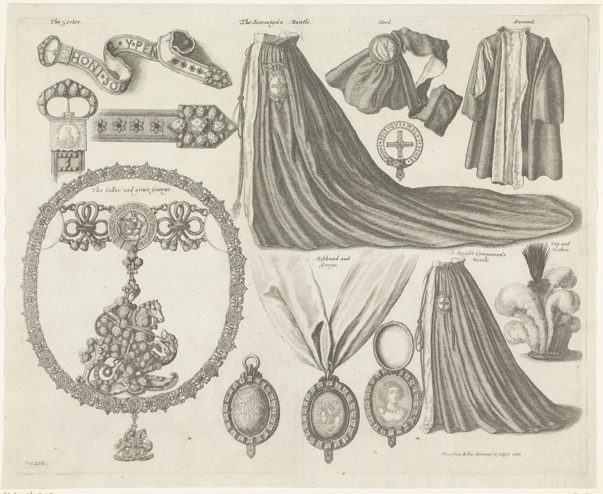 Insignes van de orde van de Kousenband by Wenceslaus Hollar, print, 1666