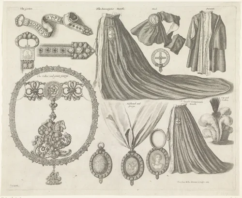 Insignes van de orde van de Kousenband by Wenceslaus Hollar, print, 1666
