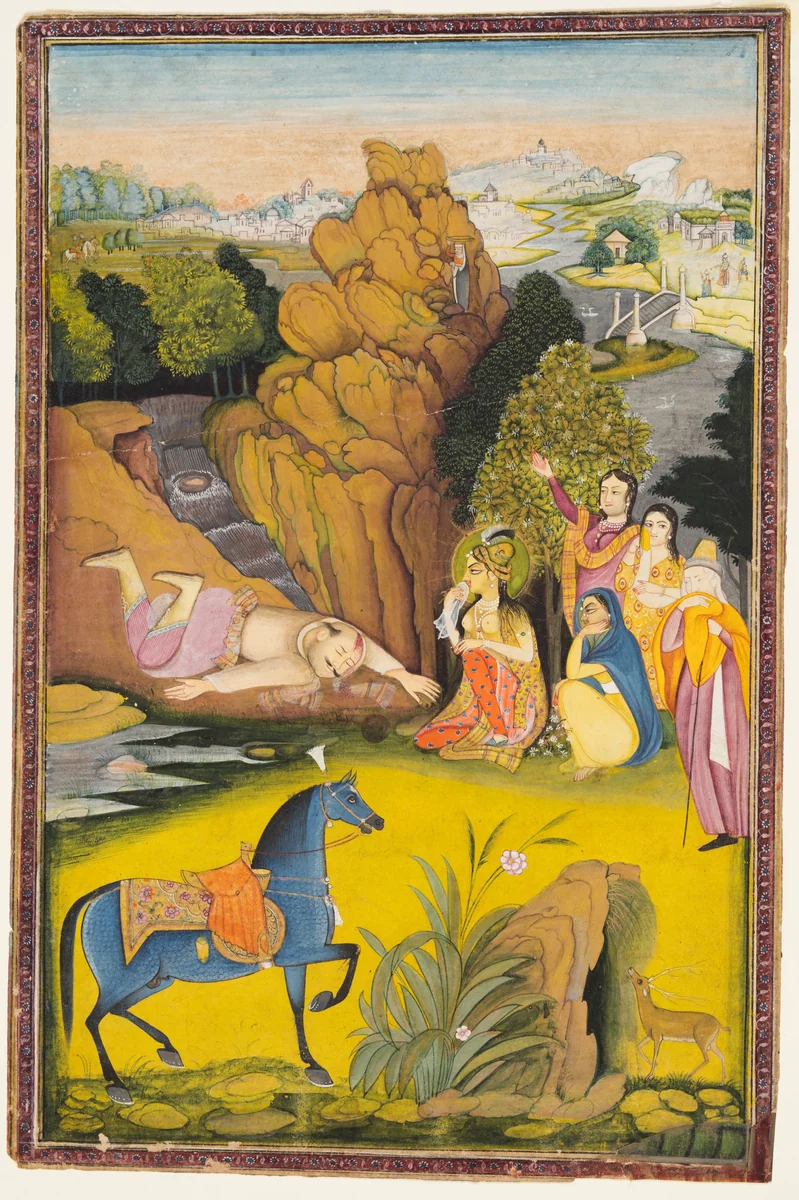 Farhad Kills Himself After Hearing the False News of Shirin’s Death by Amar Das Bhatti, painting, 1805-1815