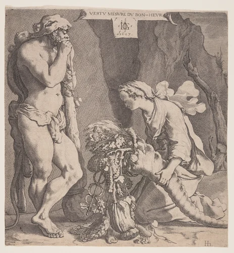 Fortuna Pouring Out the Horn of Plenty Before Hercules by Jacques de Gheyn III, print, 1617