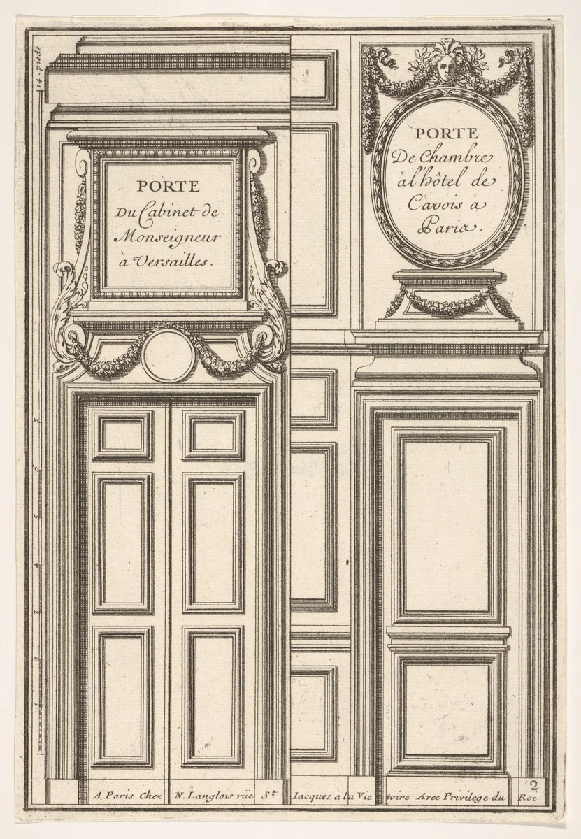 Two Designs for Doors, one at Versailles and one at the Hotel Cavois in Paris, plate II from "Portes a Placard et Lambris'" by Jean Le Pautre, print, 1618-1682