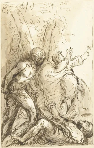 Man met zwaard valt een liggende man aan, terwijl een derde wegsnelt by anonymous, drawing, 1600-1800