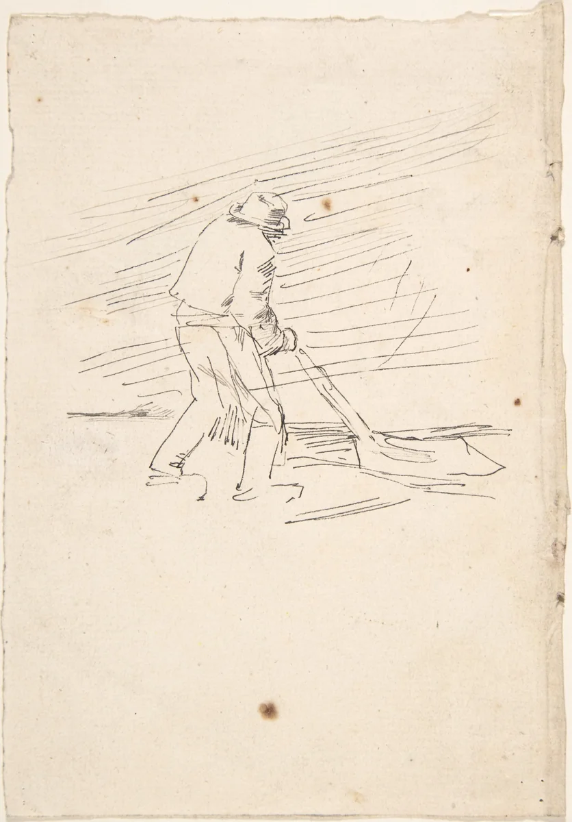 Study of a man pushing a plow by Félicien Rops, drawing, 1860-1900