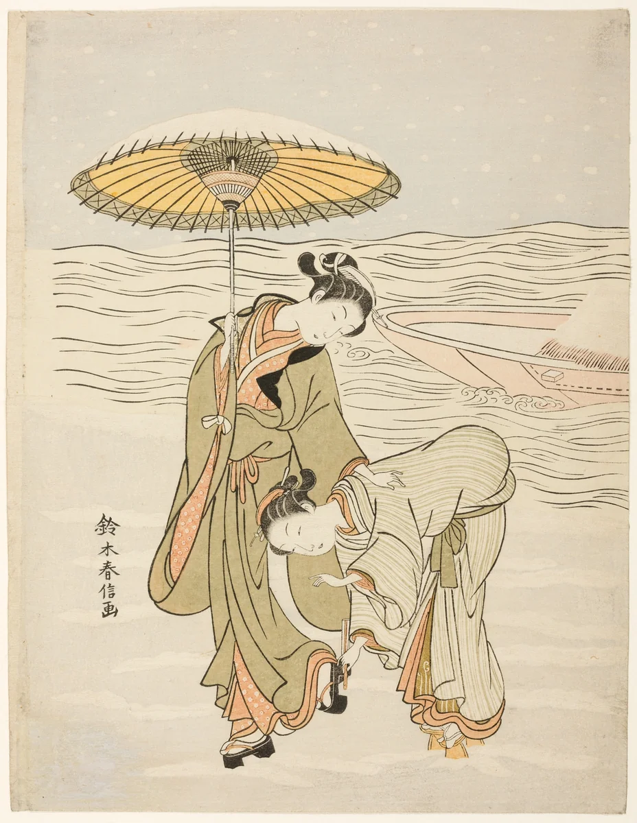 The Snow-Clogged Geta by Suzuki Harunobu (鈴木春信), print, 1762-1770