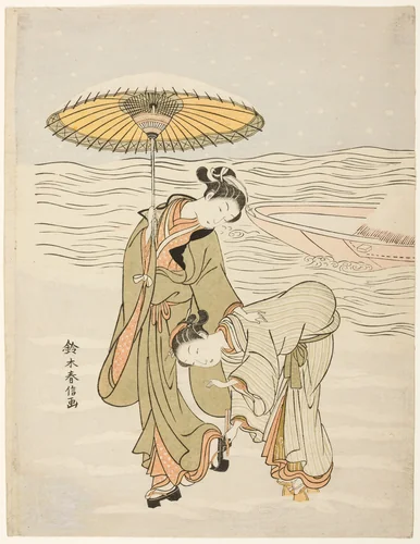 The Snow-Clogged Geta by Suzuki Harunobu (鈴木春信), print, 1762-1770