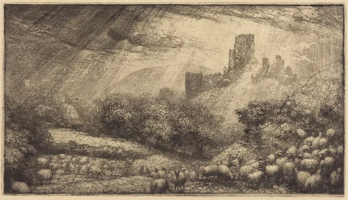 Corfe Castle: Effect of Sunshine after Rain by Sir John Charles Robinson, print, 1878