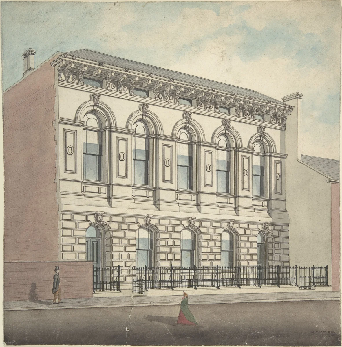 Perspective elevation, from left, of stonefaced building of five bays and two stories by J. B. Marsh, drawing, 1866
