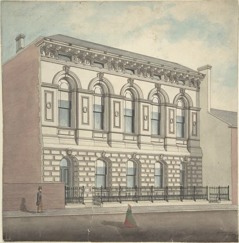 Perspective elevation, from left, of stonefaced building of five bays and two stories by J. B. Marsh, drawing, 1866