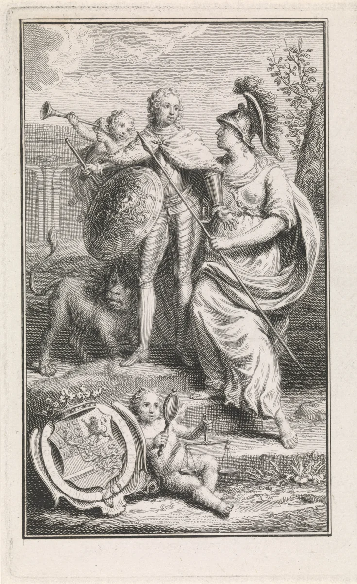 Prins Willem V van Oranje-Nassau ontvangt Minerva's schild by Pieter Tanjé, print, 1758-1761