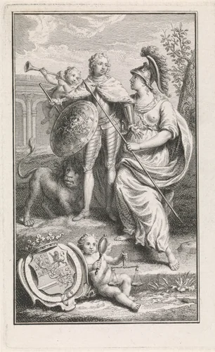 Prins Willem V van Oranje-Nassau ontvangt Minerva's schild by Pieter Tanjé, print, 1758-1761